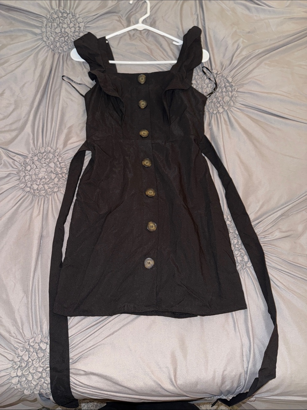 essue Black Ruffle-Shoulder Button Mini Dress